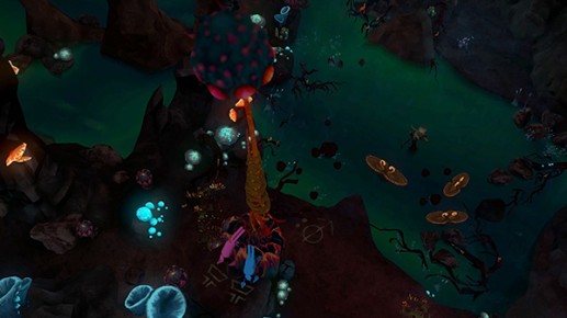 Overview of a red and green-earthed level, Pink and Blue (rabbit-like creatures) (rabbit-like creatures) very small in foreground.
