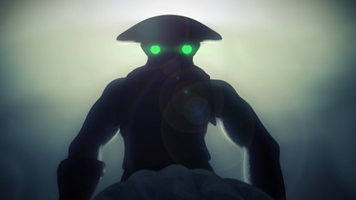 Lens-flare background. Silhouetted mushroom-hatted monster with glowing green eyes in centre of screen