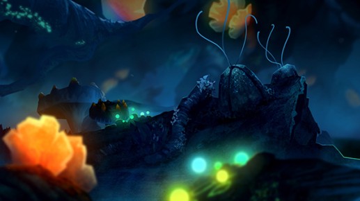 Dark blue landscape with orange glowing crystals in the foreground and a hill with two tentacle-emitting mounds in the midground