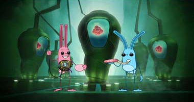 Pink and Blue (rabbit-like creatures) Standing in front of an avocado-shaped lab machine with a brain visible through a porthole