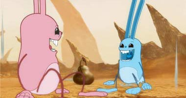 Pink and Blue (rabbit-like creatures)  sitting and laughing